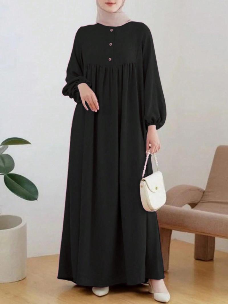 Product Introduction of Women's Plain Plicated Button Dress, Casual Bishop Sleeve Round Neck Long Dress for Daily Wear, Ladies Clothes for All Seasons 1