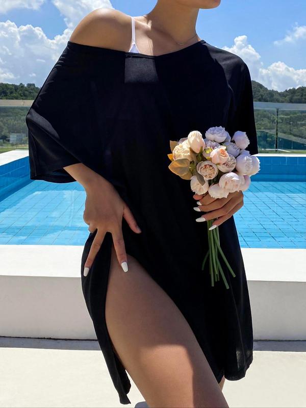 Women's Plain Side Split V Neck Cover Up, Summer Clothes Women, Minimalist Casual Short Sleeve Cover Up for Beach Vacation, Ladies Comfort Clothes for Summer, Womenswear 0