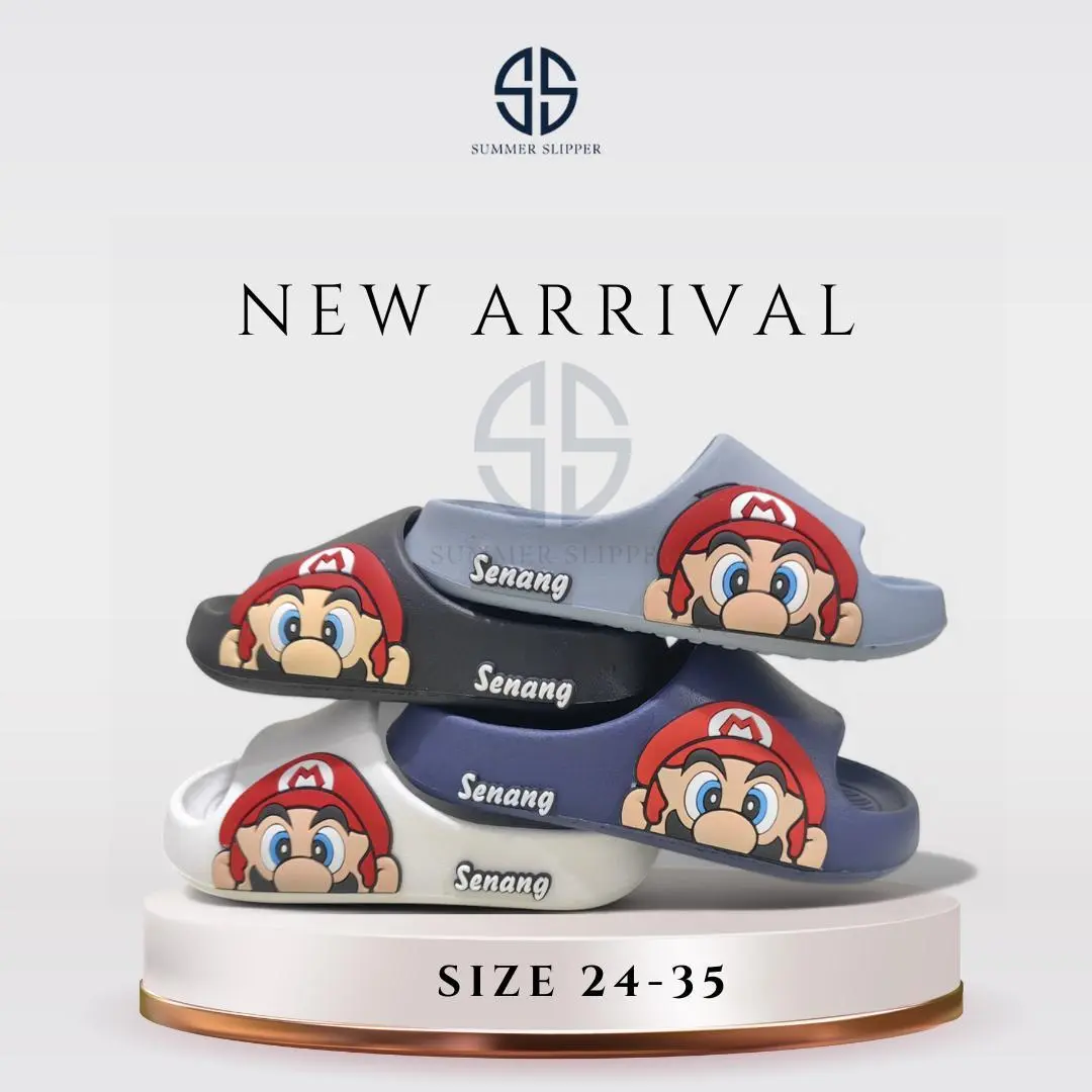 Summer Sandal Slop Anak Gambar Mario Sandal Slide on Karet Anti Slip Ringan Sandal Slop Viral ukuran 24-35