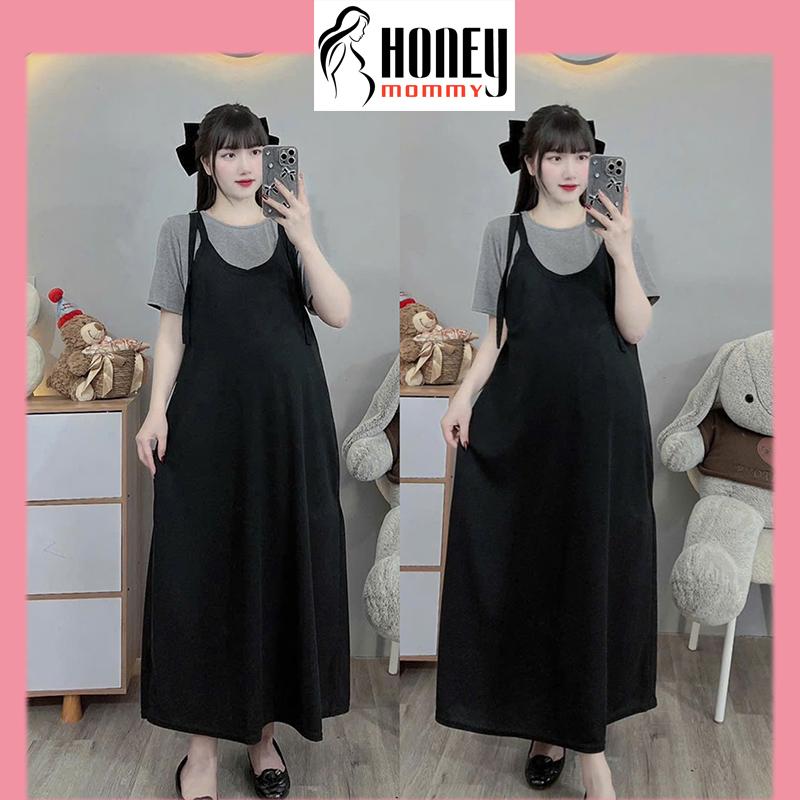 Set Đầm Bầu Váy Bầu Mùa Hè Dạng Yếm Hai Dây Vải Cotton Tay Cộc Cổ Tròn Nữ Tính Dễ Thương Đi Chơi HD3092 Honey Mommy