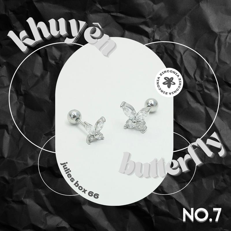 [1 Chiếc] [BẤM] Khuyên Tai Butterfly No.7 Đính Đá Màu Bạc Đuôi Bi Bằng Đồng Không Gỉ Bông Tai Julies Box 66