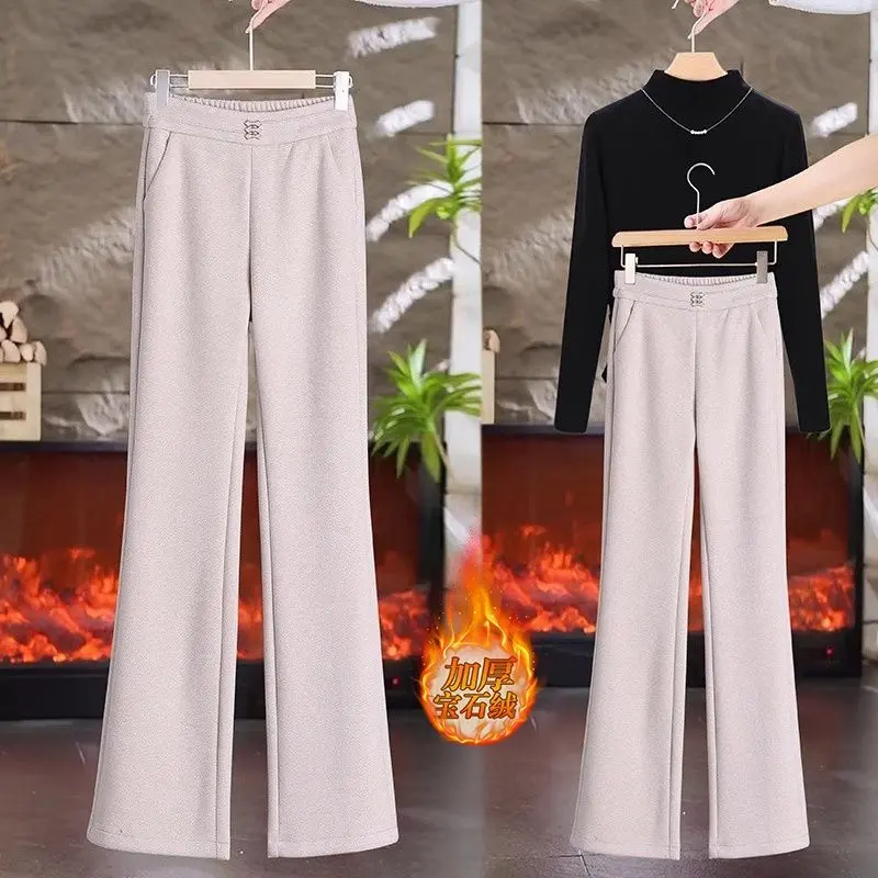 Quần Dài Ống Loe, Chất Liệu Len, Dành Cho Nữ, Mùa Thu Và Mùa Đông, Phong Cách Hàn Quốc Mới, Lót Lông Cừu, Giữ Nhiệt, Cạp Cao, Ôm Vừa Vặn, Đi Chơi, Quần Dài Sừng Women Pants