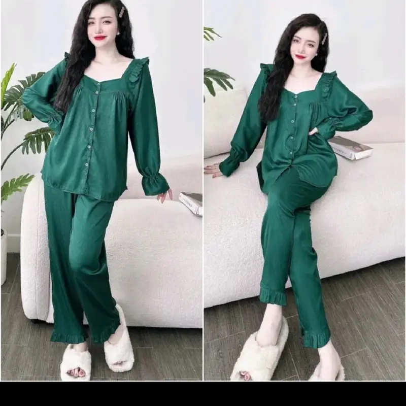 Bộ Ngủ Tb Pijama Chất Lụa Xước Cổ Vuông Tay Dài Quần Dài Cho Nữ - Nhung Nhung Tăm Áo Voi - Women, Size 1: 35-49kg, Size 2: 50-65kg - Nho, Quần Ngủ setdongu cute đồ  macnha 2