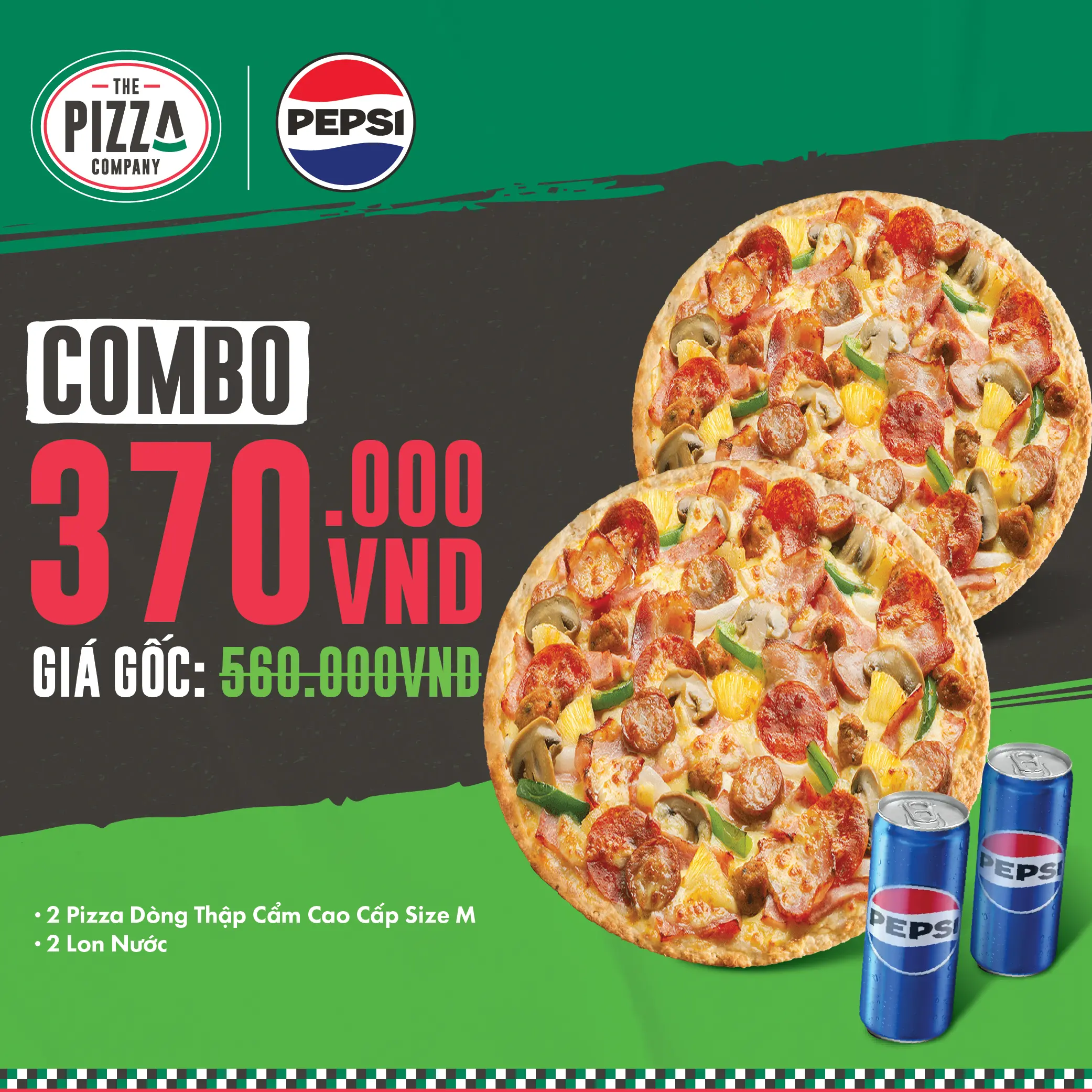 Combo 2 Pizza M - Thập Cẩm - (3-4 người) - 2 Pizza Dòng Thập Cẩm Cao Cấp size M + 2 Lon Pepsi - The Pizza Company - (Giao nhanh 1H)