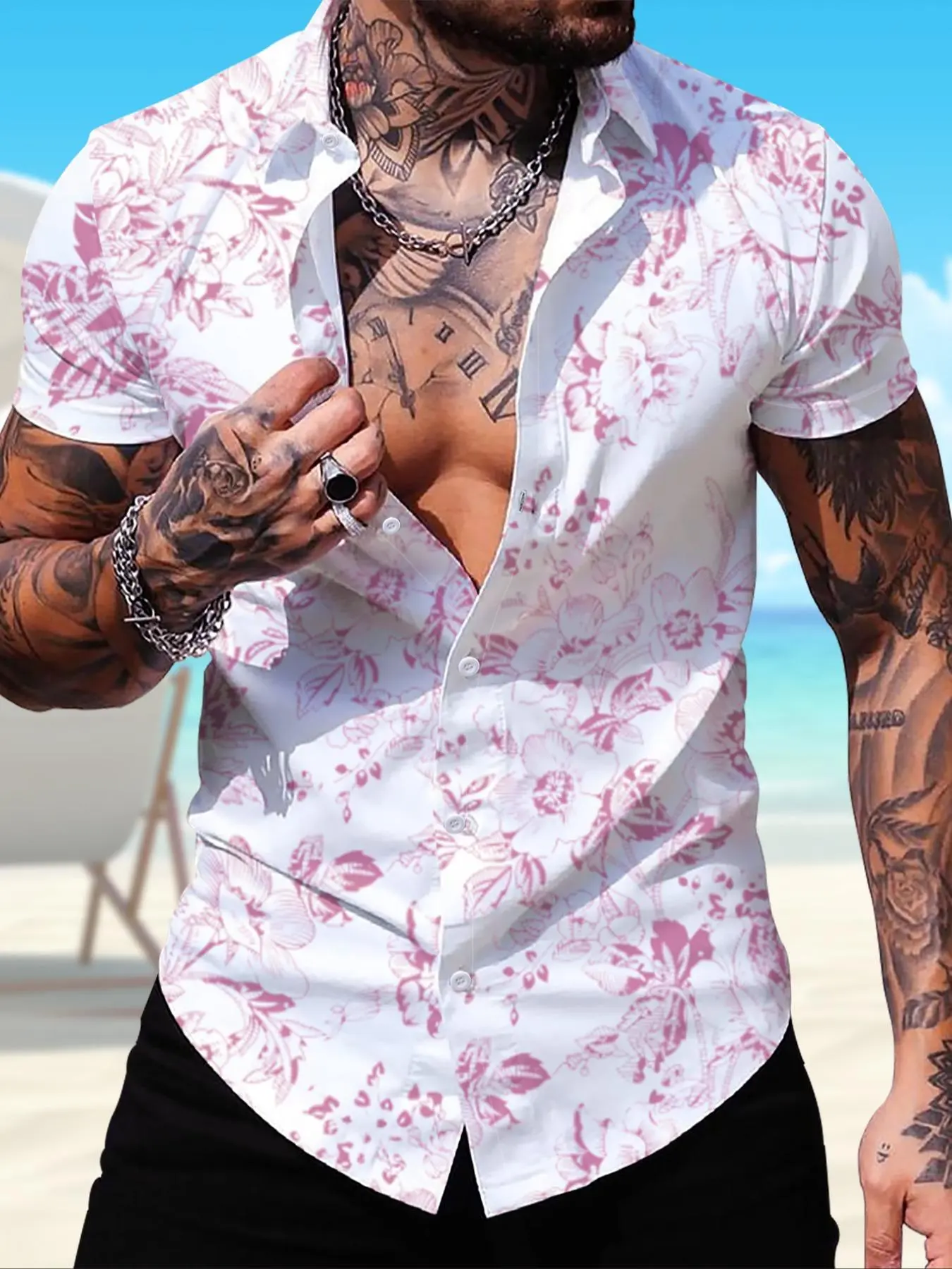 Men's Regular Fit All Over Floral Print Short Sleeve Shirt, Casual Comfy Top for Summer, Fashion Men's Clothes for Beach Vacation, Menswear