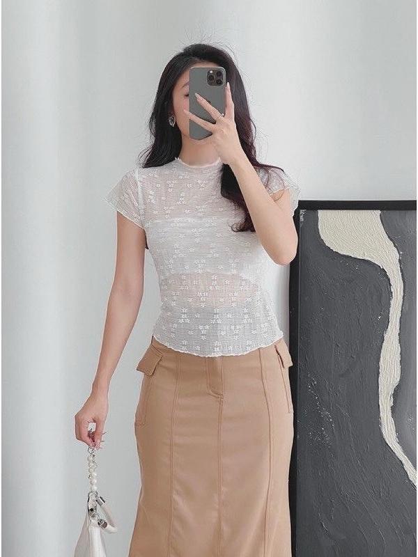 Áo thun bigsize nữ tay ngắn lưới ren họa tiết hoa xuyên thấu kèm áo quây bên trong phong cách nữ tính - G238