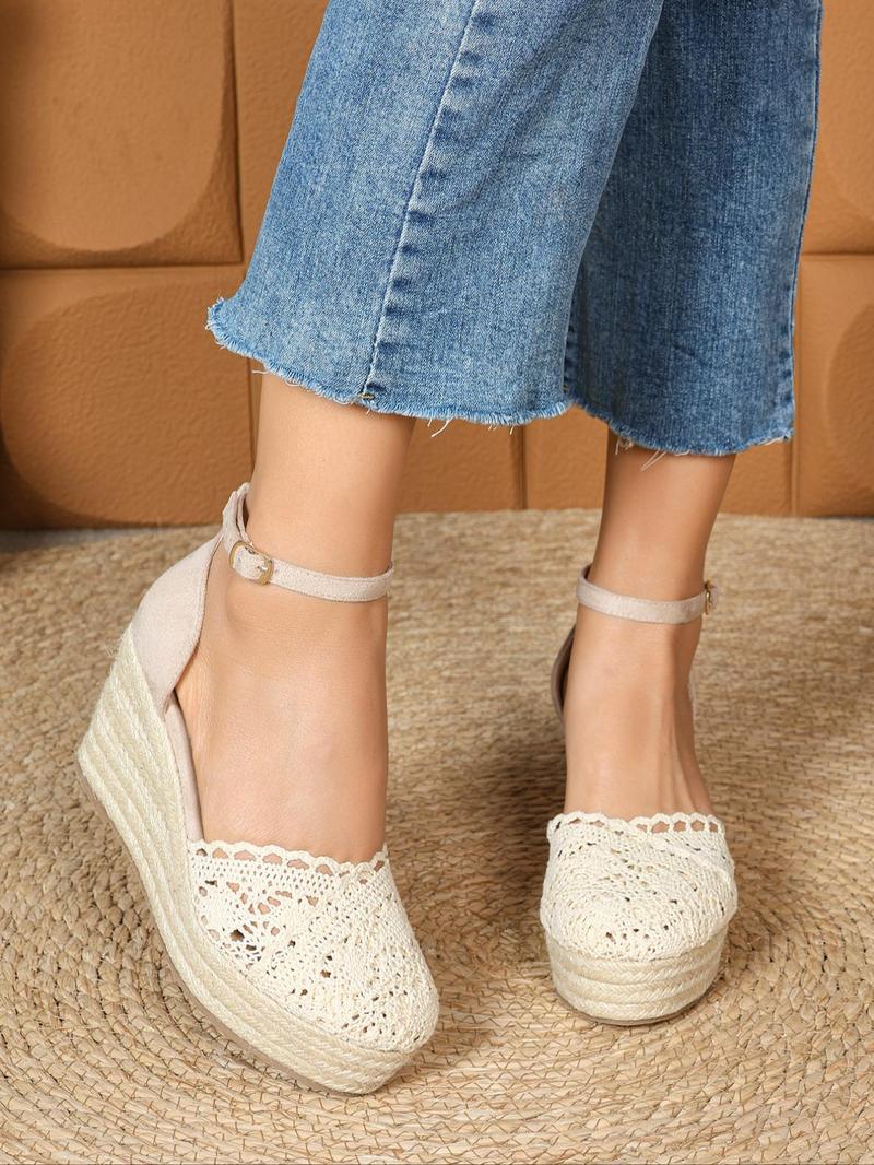 Product Introduction of Women's Fashionable Lace Up Platform Sandals, Boho Style Hollow Out Design Wedge Sandals for Beach Vacation, Casual Versatile Shoes for Women, Girl 3