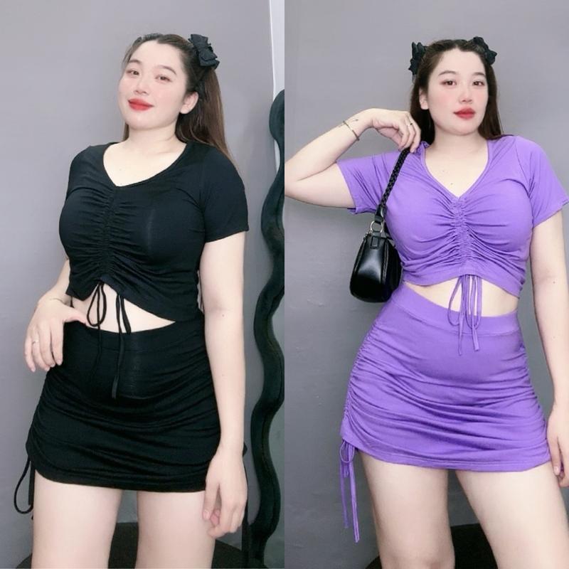Set đồ bộ bigsize nữ  áo tay ngắn dáng croptop giữa kèm váy có dây rút tăng giảm chất thun gân - SET28