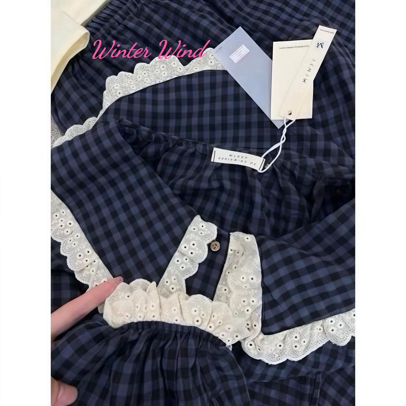 (Winter Wind) SÉT BỘ PYJAMA DÀI KẺ BÈO CÚC REN XINH SIU HÓT Win002 3