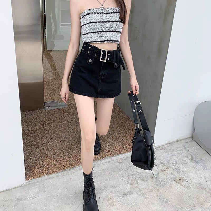 Chân Váy Denim Chữ A Cạp Cao Phong Cách Cô Gái Nóng Bỏng, Hàng Mới Về Mùa Hè Của Phụ Nữ, Chân Váy Ngắn Bó Dễ Phối Đồ Màu Đen, Thích Hợp Cho Quần Short, Thiết Kế Thời Trang 4