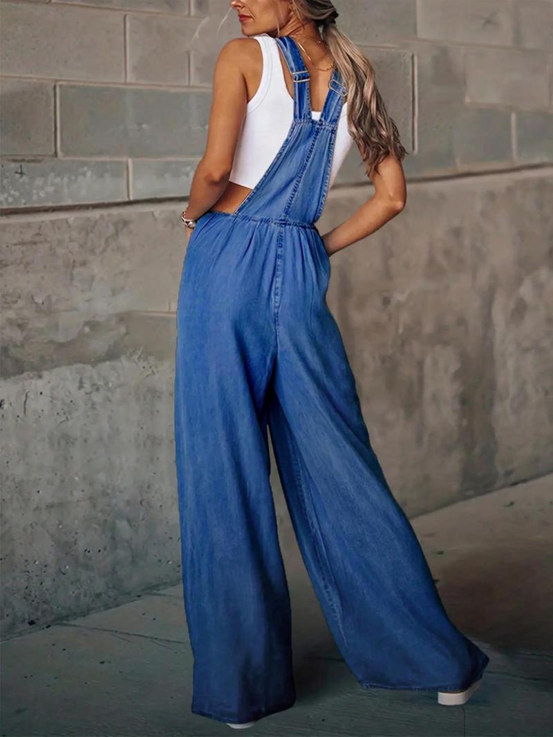 Product Introduction of Women's Denim-Effect Print Plicated Wide Leg Overalls Jumpsuit, Fashion Casual Pocket Square Neck Overalls Jumpsuit for Daily Outdoor Wear, Ladies Clothes for All Seasons 6
