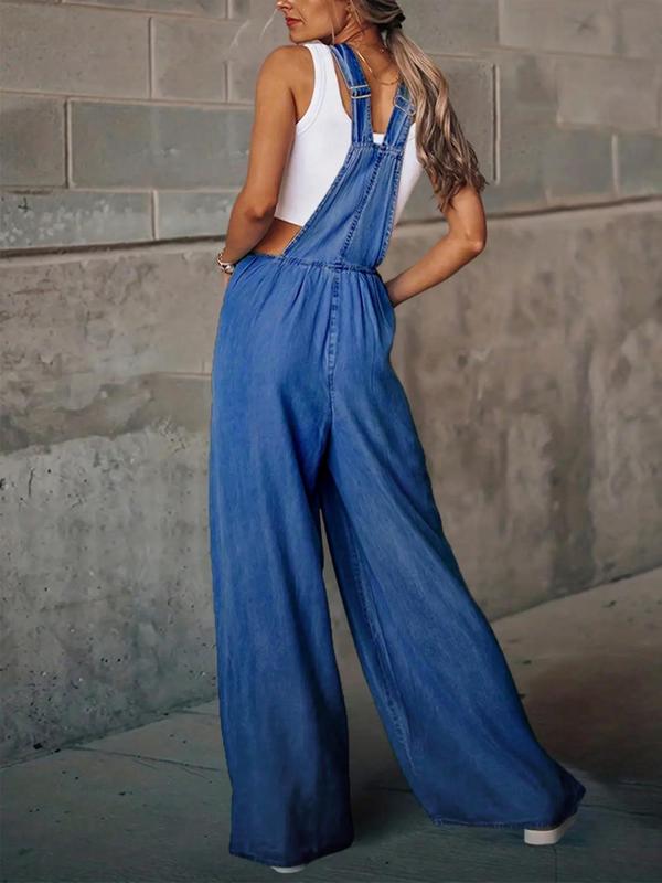 Women's Denim-Effect Print Plicated Wide Leg Overalls Jumpsuit, Fashion Casual Pocket Square Neck Overalls Jumpsuit for Daily Outdoor Wear, Ladies Clothes for All Seasons 5