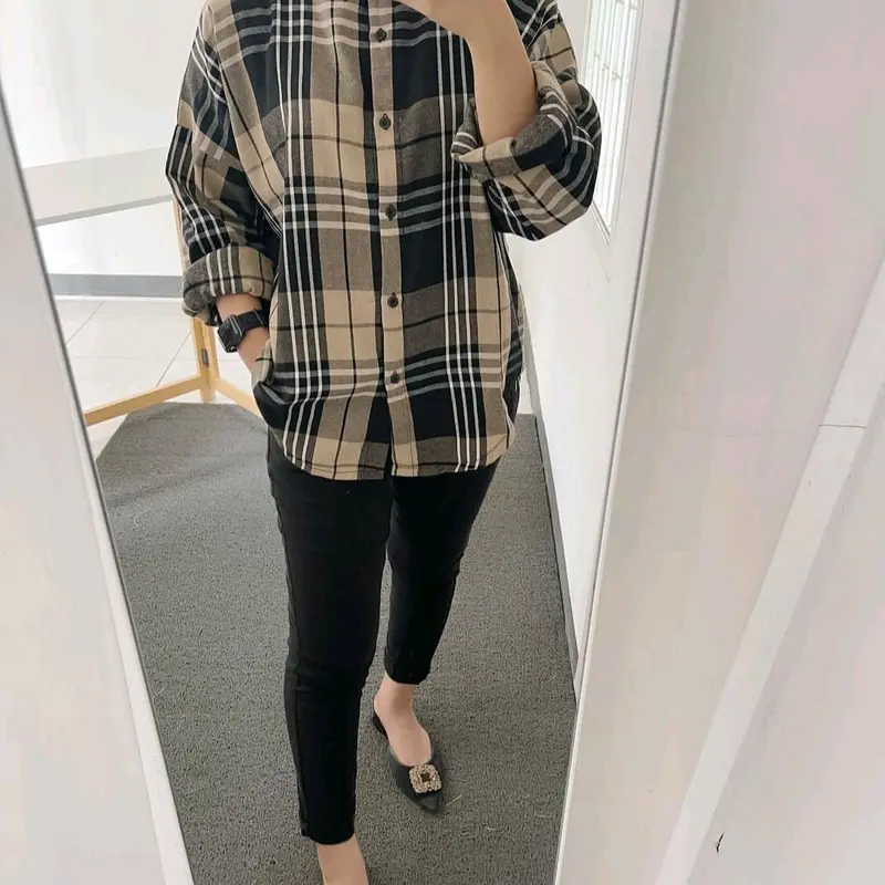 Kemeja flanel wanita distro Unisex lengan panjang Casual Kain Lembut Motif Kotak Surfing Nyaman Tangan Semi flannel 6
