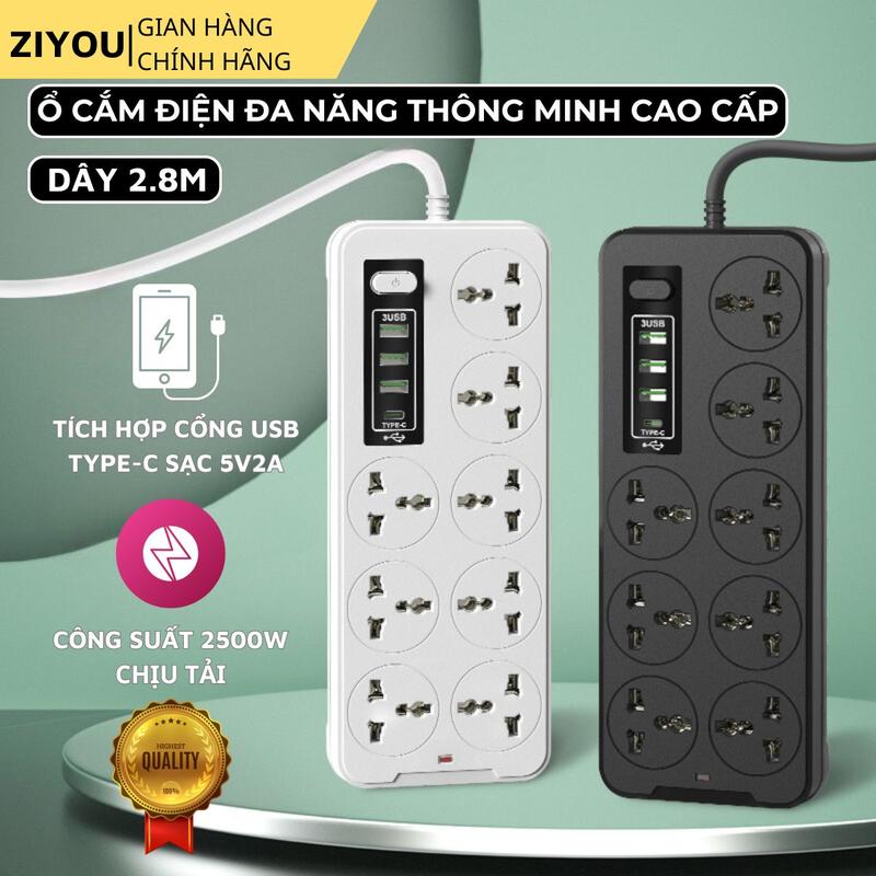 Ổ Cắm Điện Đa Năng Cao Cấp A8 Sạc Nhanh Cổng USB TypeC Chịu Tải 2500w An Toàn Chịu Nhiệt Dây 2,8M