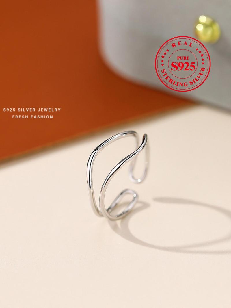 Product Introduction of 925 Sterling Silver Double Layer Hollow Out Cuff Ring, Simple Plain Ring for Women, Fashion Hand Jewelry Accessories for Party, Daily Clothing Decor 1