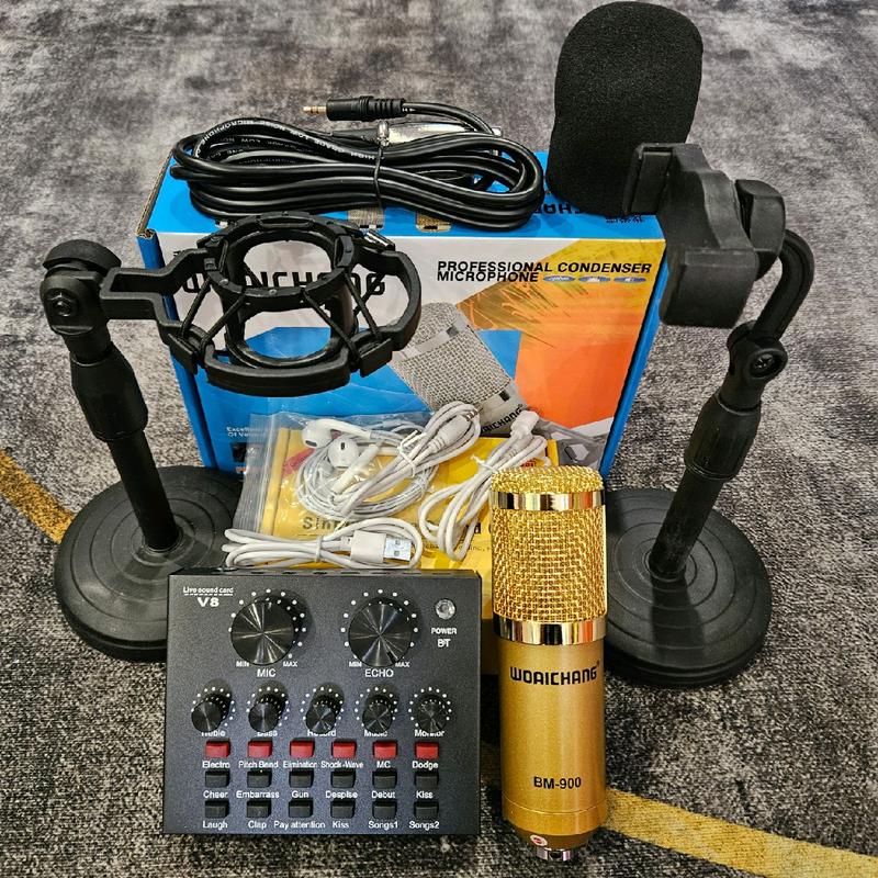 mic thu âm livestream hát karaoke micro woaichang bm900 card v8 tặng tai nghe nhét tai