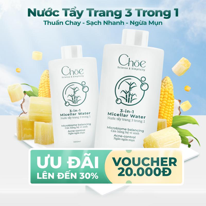 Nước tẩy trang Thuần chay Choe 3-in-1 Micellar Water chứa Inulin dẫn xuất từ Mía, Làm sạch siêu tốc bụi bẩn, bã nhờn, Ngừa mụn và cấp ẩm