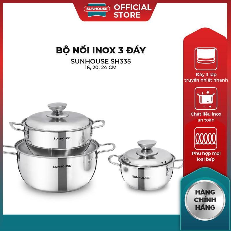 Bộ Nồi Inox 3 Đáy SUNHOUSE SH335 - 16, 20, 24 cm - Đáy 3 Lớp Truyền Nhiệt Nhanh - Chất Liệu Inox An Toàn - Phù Hợp Mọi Loại Bếp - Hàng Chính Hãng