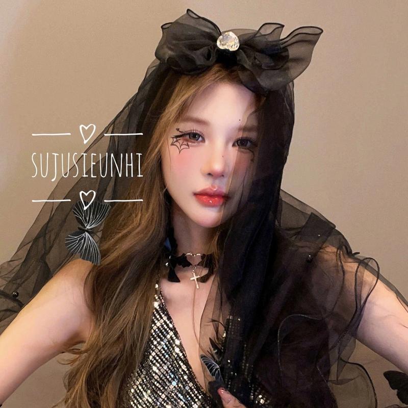 Khăn voan lúp cài đầu hình nơ trái tim gắn bướm đen hoá trang cô dâu phụ kiện tóc halloween huyền bí Hoa 8