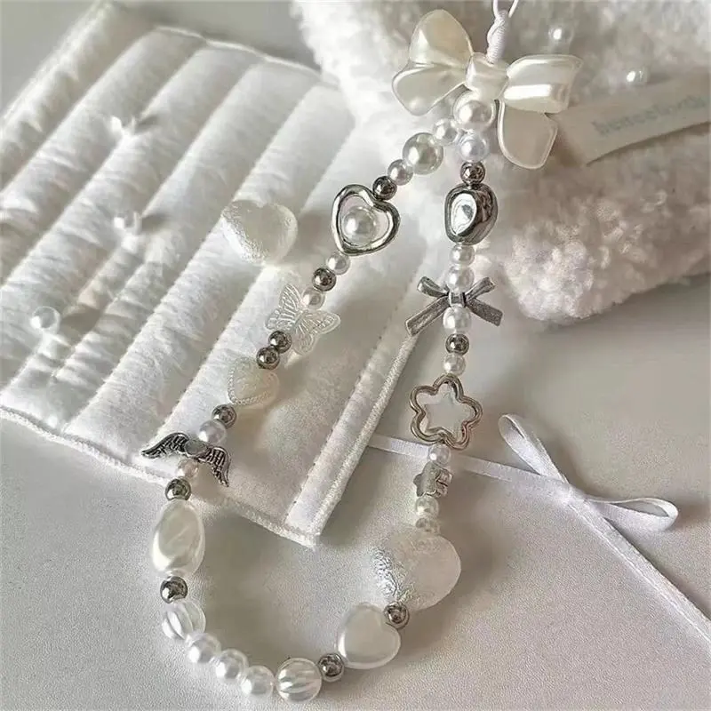 Dây Đeo Charm Dây Xích Điện Thoại Đính Cườm, Cho iPhone Và Samsung, Nơ Trắng Baroque Dễ Thương, Quyến Rũ Hoa, Mặt Dây Chuyền Trang Sức Phụ Kiện Thông Dụng