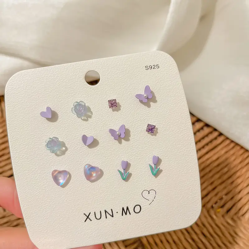 Bộ Bông Tai, 6 Món, Bạc S925, Phong Cách Nữ Tính Đơn Giản Và Ngọt Ngào, Ins Dễ Phối Đồ Bộ Đinh Tán Xương Tai Nhỏ 5