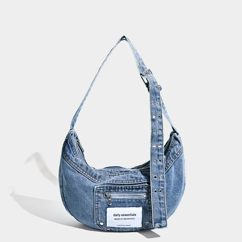 Túi Bánh Bao Vải Denim, Thiết Kế Cổ Điển Nhật Bản Và Hàn Quốc, Phong Cách Nghệ Thuật Lười Biếng, Túi Đeo Chéo Và Đeo Một Bên Vai, Dễ Phối Đồ Hợp Xu hướng Và Ngầu, Được Giặt, Thích Hợp Cho Nữ