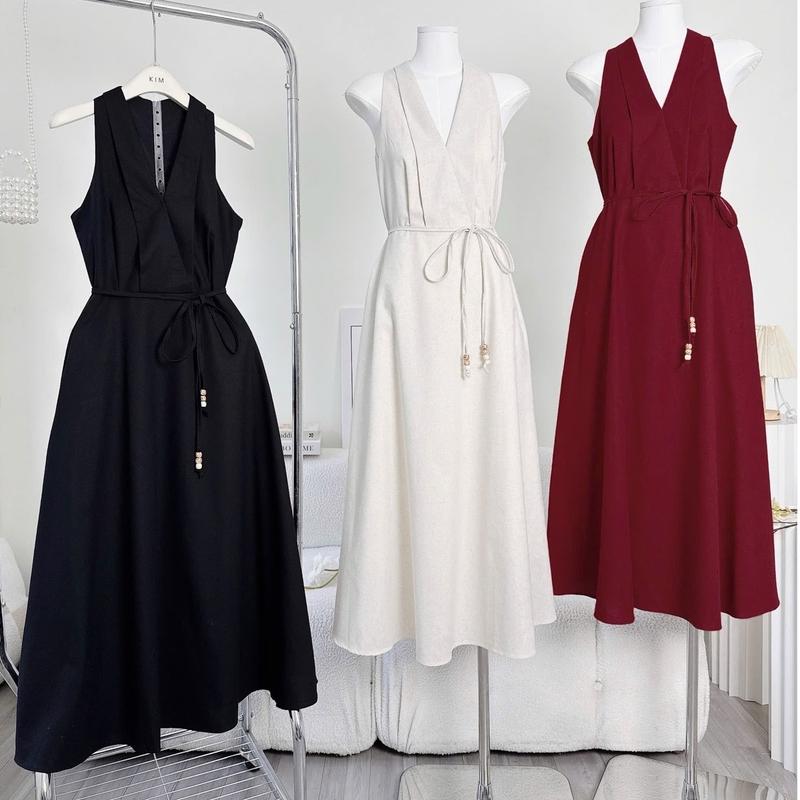 Kim Clothing - Đầm linen cổ V sát nách dáng dài xoè + dây cột eo nữ tính, dịu dàng dành cho nữ