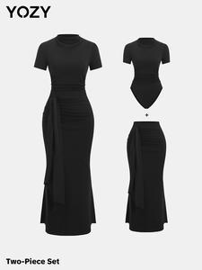 YOZY Women's Solid Ruched Bodysuit & Knot Side Mermaid Skirt Two-piece Set, Casual Mock Neck Short Sleeve Top & Long Skirt for Spring & Fall, Women's Clothes for Daily Wear