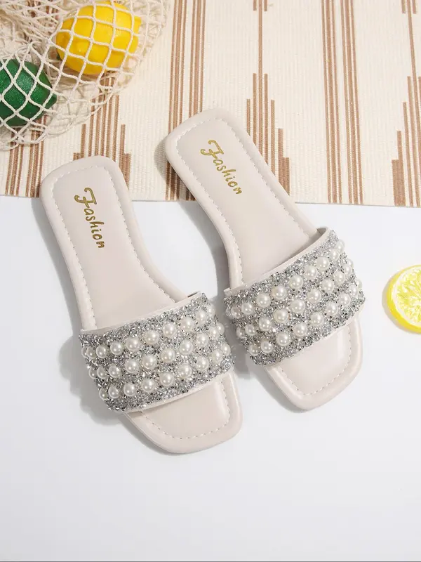 Fashion Faux Pearl Decorated Slides, Elegant Rhinestone Decorated Slippers for Beach, Casual Trendy Slides for Indoor & Outdoor Wear, Walking Shoes 6