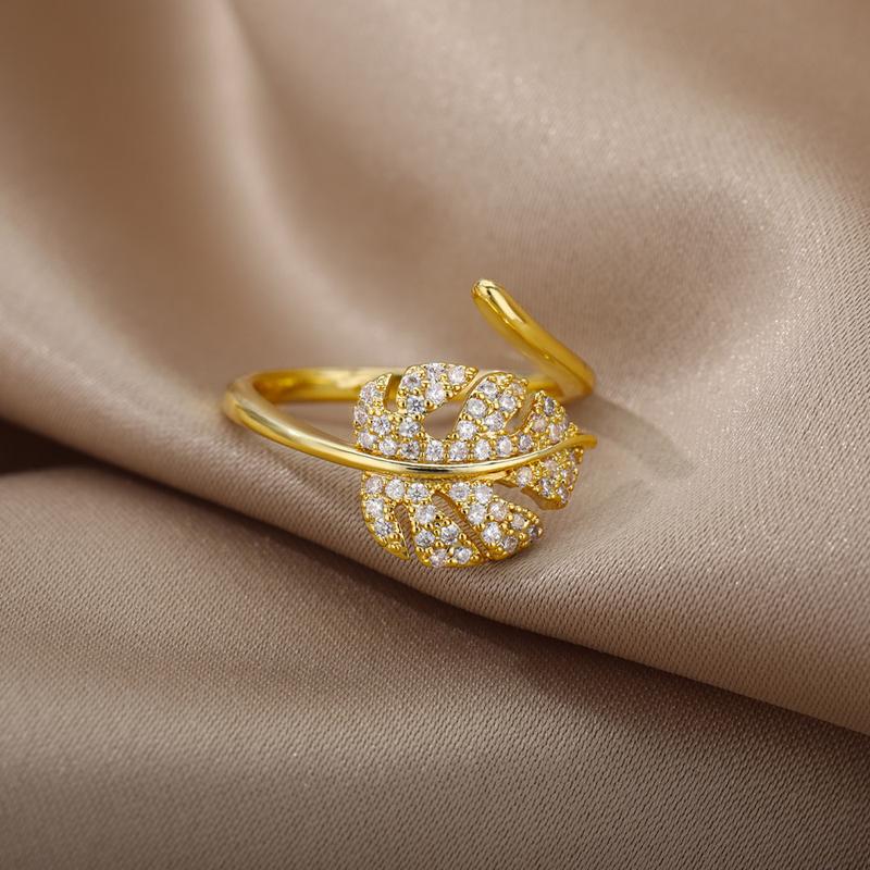 Product Introduction of Fashion Palm Leaf Shape Rings For Women Stainless Steel Gold Color Zircon Adjustable Finger Ring Party Jewelry Gift Bijoux Femme 1