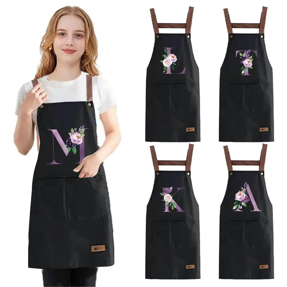 Letter & Floral Pattern Apron, 1 Count Adjustable Waterproof Strap Apron with 2 Pockets, Professional Aprons for Cooking, Gardening, Painting, Baking, Flower