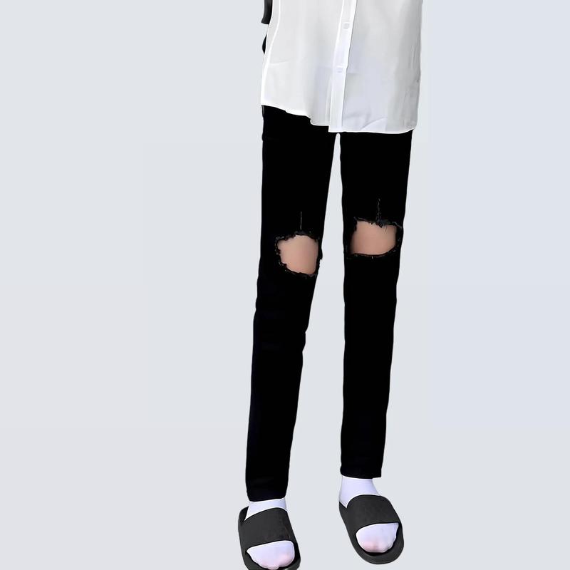 Quần jean dài nam màu đen wash đậm kiểu rách gối to chất bò co dãn form skinny Q05 mẫu mới Có Túi Menswear Pants