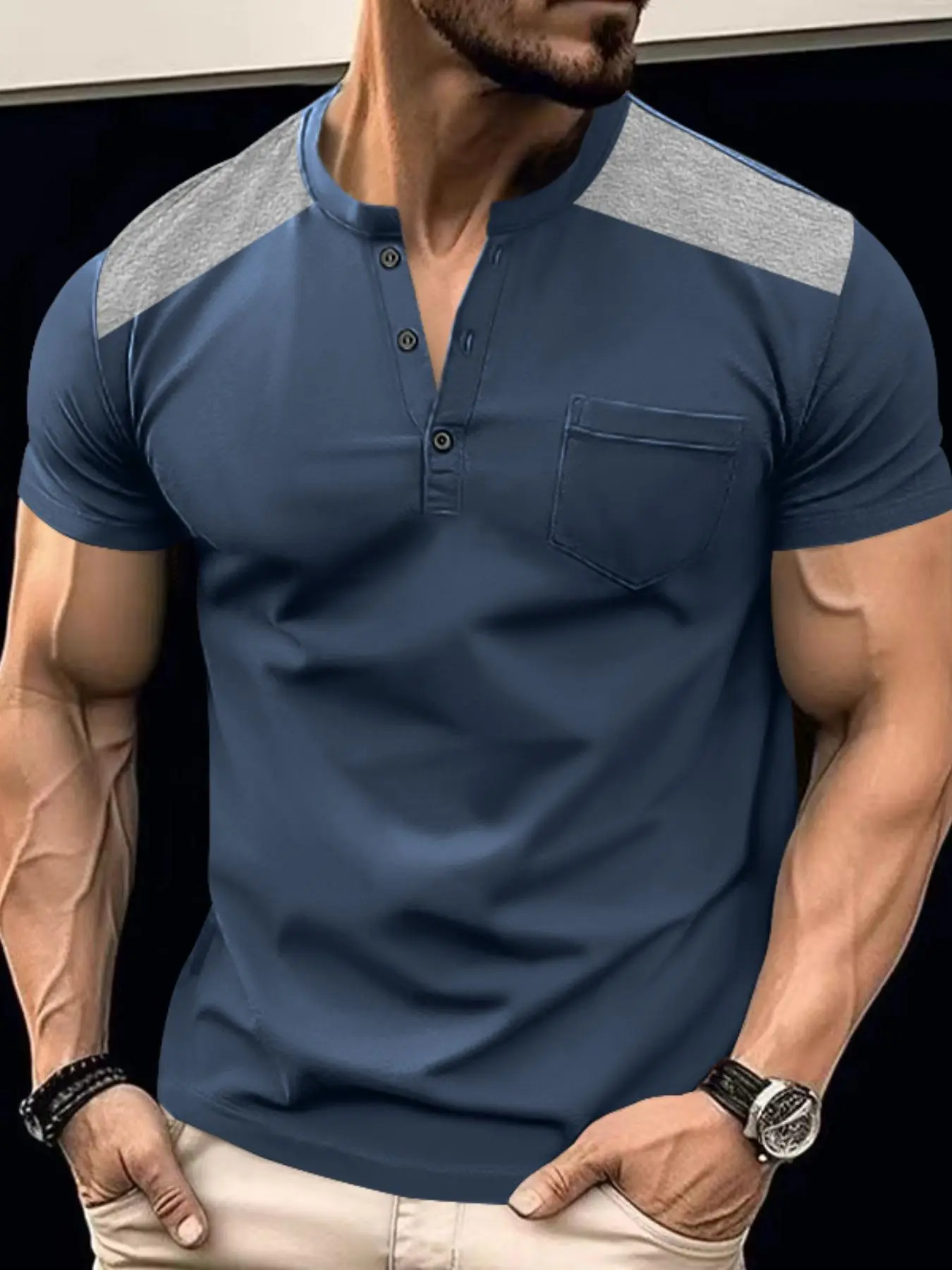 Men's Regular Fit Button Tee, Casual Short Sleeve T-shirt for Summer, Men's Polo Top for Daily Wear