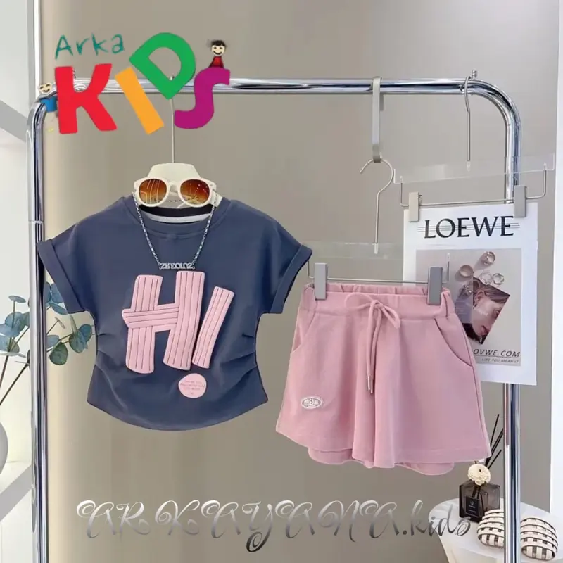 SETELAN BAJU ANAK PEREMPUAN LENGAN PENDEK MOTIF HI UNTUK 1-5 TAHUN 0