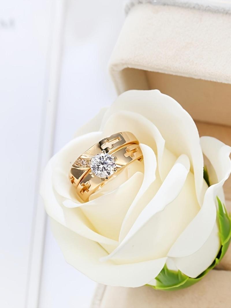 Product Introduction of Luxury Elegant Rhinestone Inlaid Promise Couples Ring, Fashion Cross Decor Accessories for Wedding Party, Engagement Jewelry Accessories for Women & Men, without Box, Valentine's Day, Gift 3