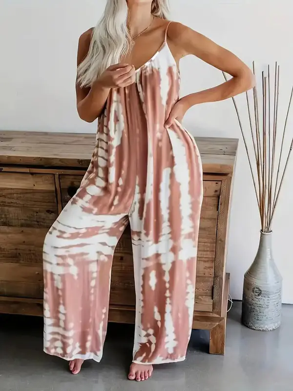 Plus Size Tie Dye Print Backless Cami Jumpsuit, Boho Sleeveless Spaghetti Strap Wide Leg Jumpsuit for Beach Vacation Holiday, Women's Plus Clothing for Summer 5