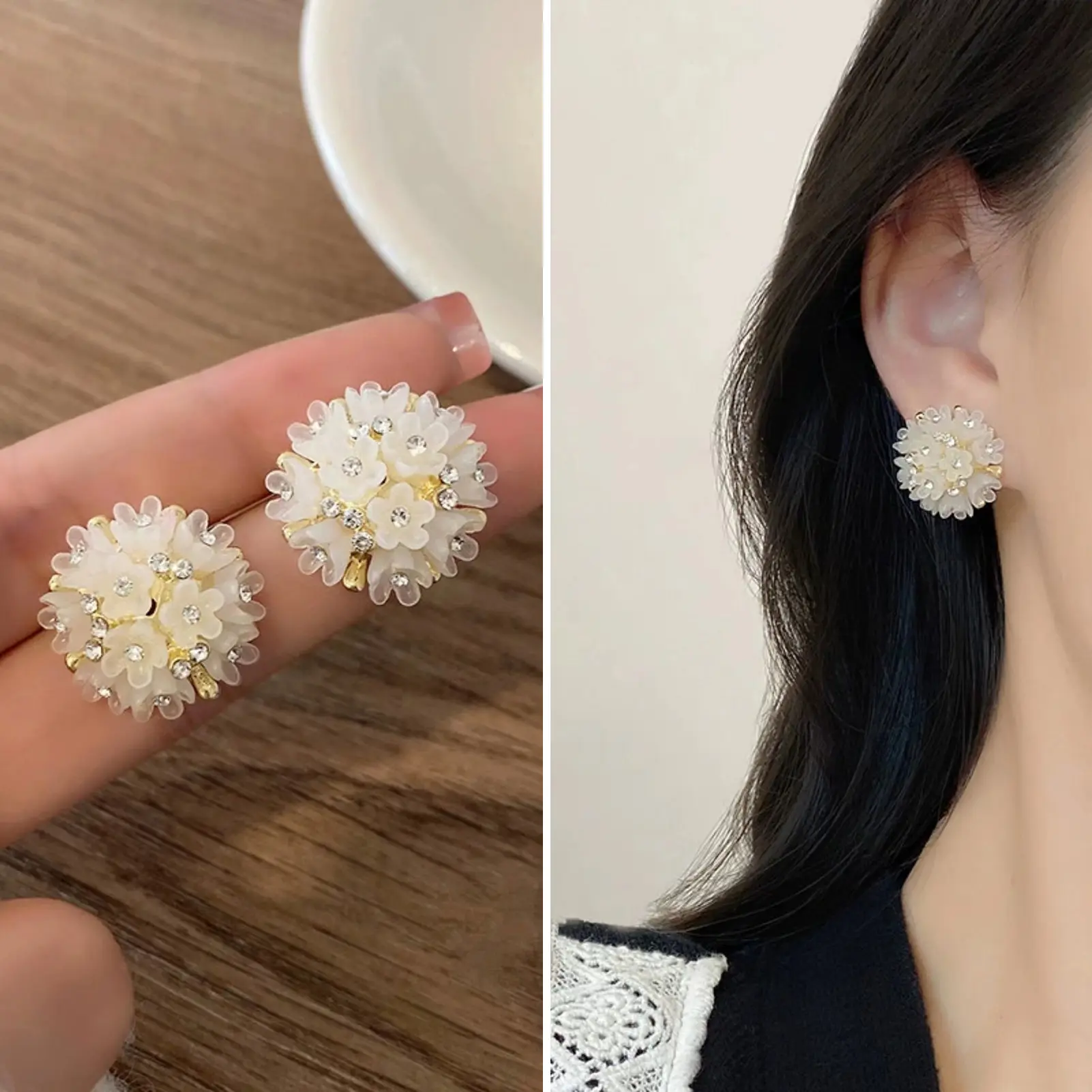 Bông Tai Thiết Kế Hoa Cho Nữ, 1 Đôi, Dát Kim Cương Giả, Bề Mặt Lấp Lánh, Linh Hoạt, Chống Mồ Hôi, Không Dị Ứng, Đinh Tán, Phụ Kiện Trang Sức