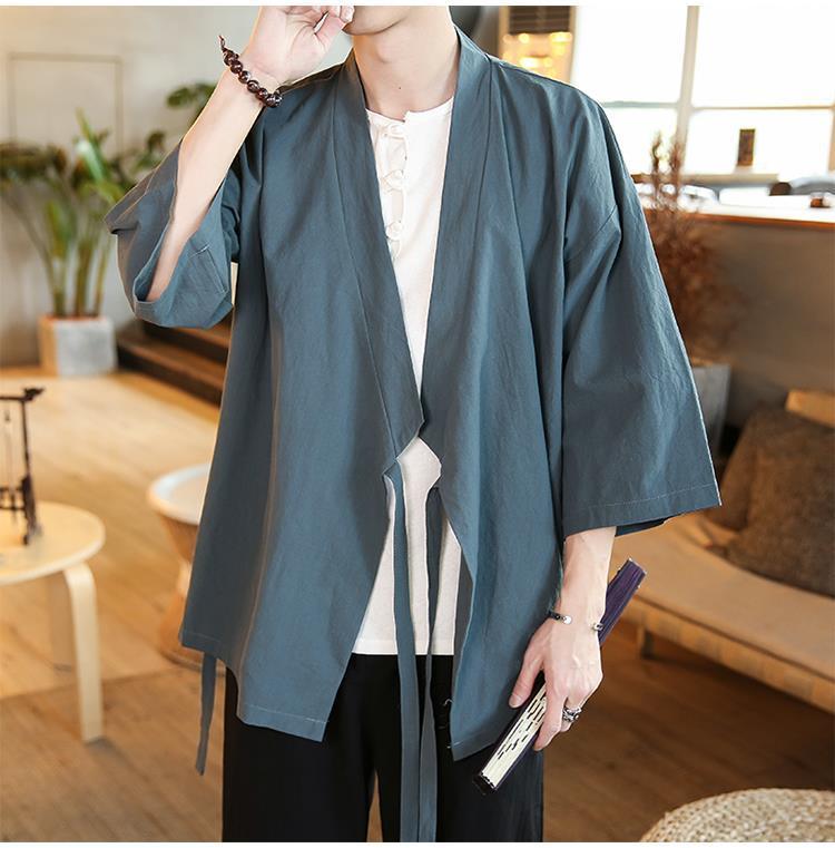 Product Introduction of Quần Áo Ba Phần Tư Tay Áo Cho Nam, Áo Có Ve Áo Mùa Hè Phong Cách Trung Quốc, Quần Áo Phật Giáo Thiền Lay, Quần Áo Trà Phong Cách Cổ Xưa, Áo Choàng Vải Lanh Cotton 19