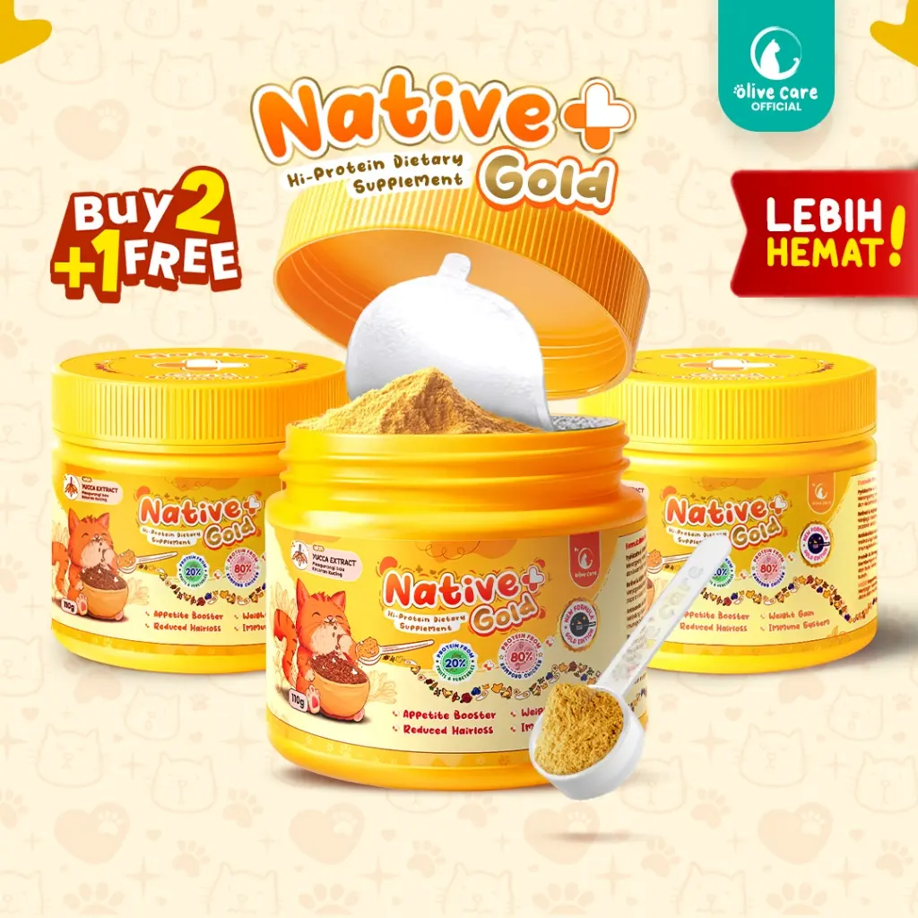 Olive Care Vitamin Kucing Bundling NATIVE+ GOLD (Beli 2 GRATIS 1) Protein Tinggi GOLDEN POWDER untuk Penambah Nafsu Makan, Berat Badan, Gembul, Kulit Sehat, Cegah Bulu Rontok, Imunitas, Daya Tahan Tubuh, dan Pelengkap Nutrisi Makanan Harian Kucing