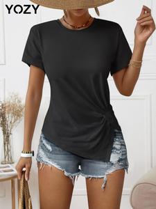 YOZY Plain Ruched Asymmetrical Split Hem Tee/ Casual Short Sleeve Round Neck T-Shirt, 2024 Women's Summer Outfits For Daily Outdoor Wear