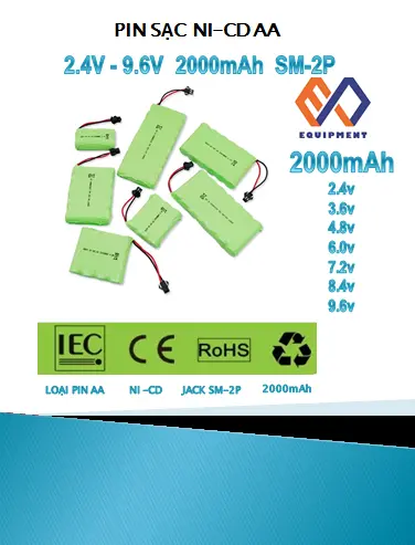 PIN Ni-Cd AA 2.4V-9.6V 2000mAh có thể sạc lại nhiều lần
