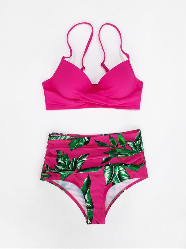 Two-piece Set Women's Plain Top & Tropical Print Bottom Bikinis Set, Twist Push Up Swim Top & High Waist Ruched Swim Bottom, Summer Outfits 2024, Swimwear for Beach Holiday Curvy Holiday Outfits 2024, Girly Tops, Bikini Sets,  Co-ord Sets for Women 5