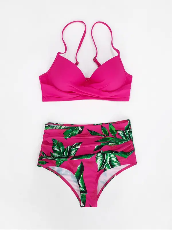 Women's Plain Top & Tropical Print Bottom Bikinis Set, Twist Push Up Swim Top & High Waist Ruched Swim Bottom, Summer Outfits 2024, Swimwear for Beach Holiday Curvy Holiday Outfits, Girly Tops, Bikini Sets, Co-ord Sets for Women, Swimsuit Women 5