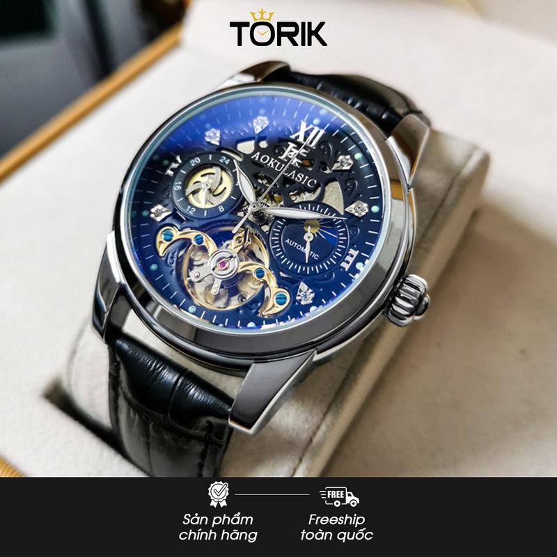 Đồng hồ cơ nam Aokulasic A668 dây da cao cấp khóa Luxury và lộ máy tự động cao cấp - Watch, Đeo Tay