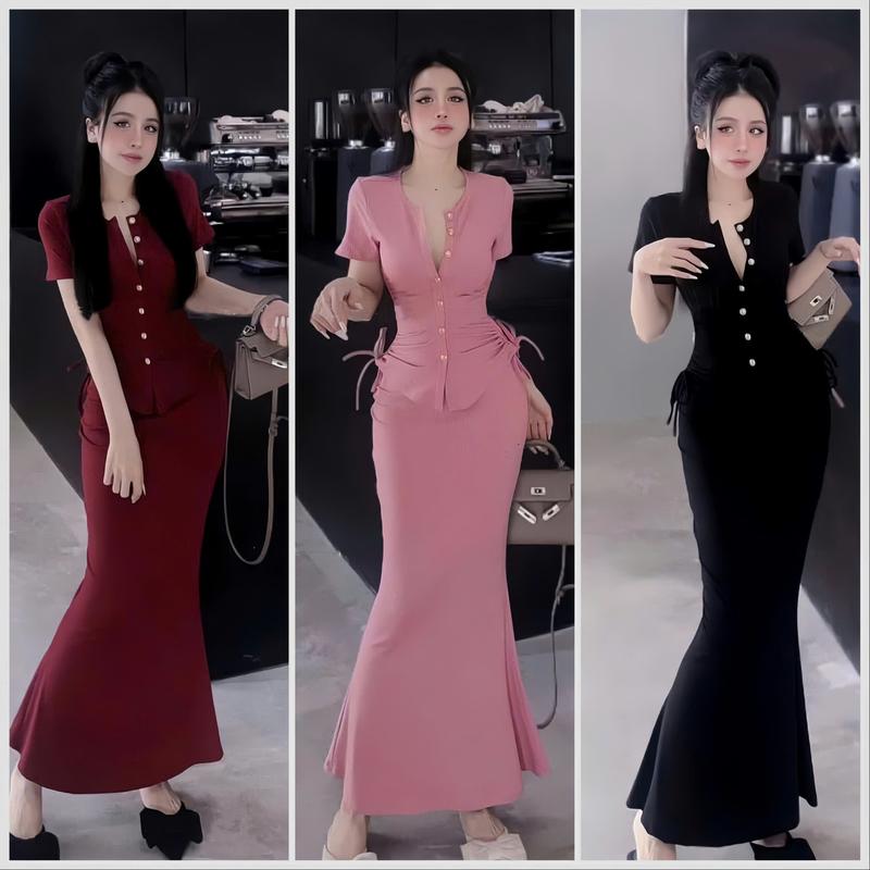  Set Chân Váy Dáng Dài Đuôi Cá Tôn Dáng Mix Áo Cổ Tròn Phối Nút Rút Sườn Tay Ngắn Chất Thun Gân Tăm Mềm Mại Diện Trong Mọi Dịp HHT 