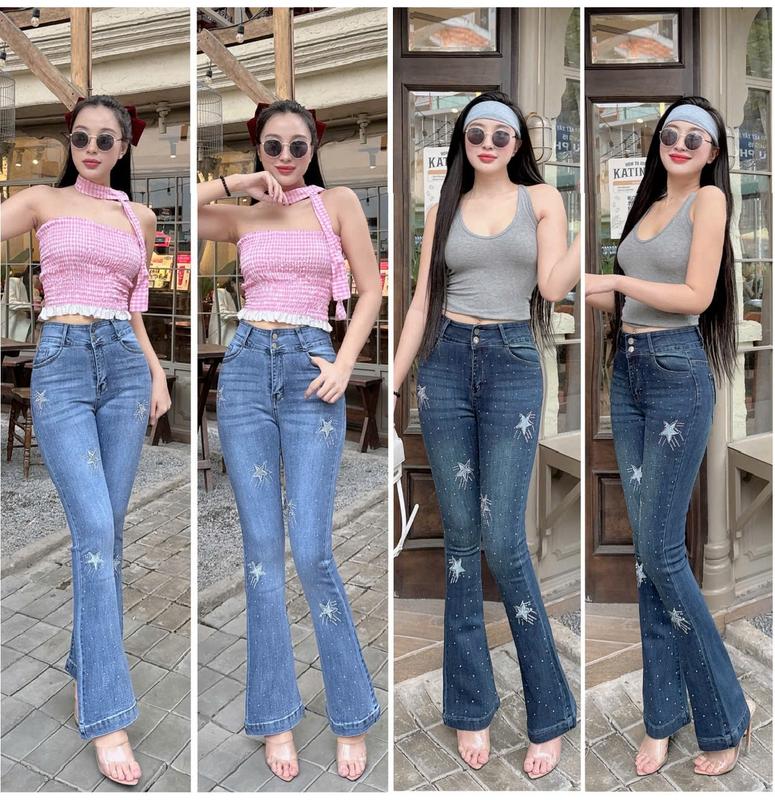 Quần jeans nữ NM ống loe đính đá thêu sao lai phong cách douyin - 2 màu từ 40-70kg quan  jean Women Denim