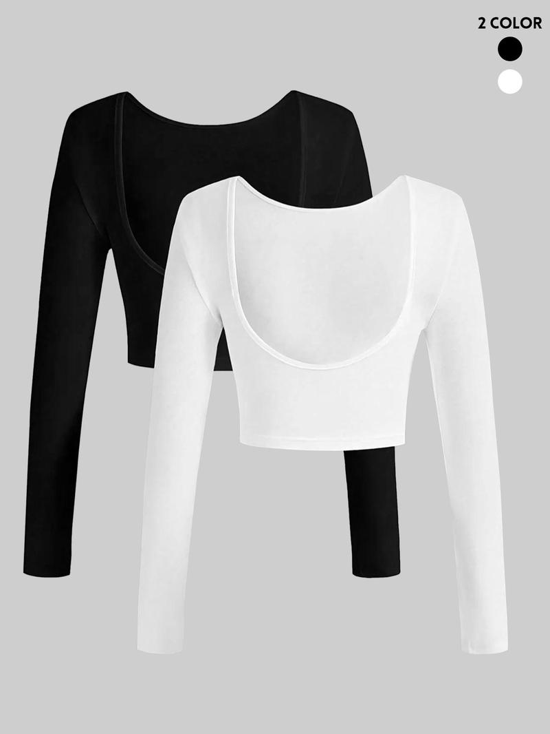 Product Introduction of Women's Solid Backless Scoop Neck Crop Top, Casual Fashion Cozy Long Sleeve T-shirt for Daily Outdoor Wear, Ladies Clothes for All Seasons, Clothing 1