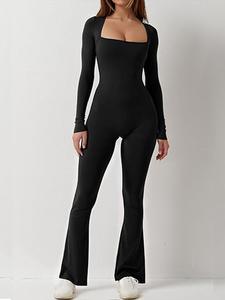 Mono de manga larga con cuello cuadrado para mujer, mono casual de moda con pierna de campana para uso diario, ropa de primavera y otoño para damas, ropa para mujer