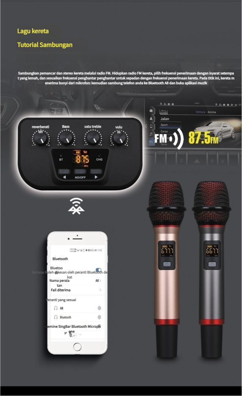 Product Introduction of High-Quality Sound Card, Dual Microphone, Suitable for Home and Car Karaoke, Wireless Microphone, Bluetooth Speaker, Microphone Set, Dual Car and Home Use, Singing and Speaker 3