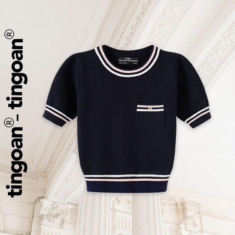 TINGOAN -  Áo len xù cổ tròn túi zúm ngực dáng lửng có 2 line viền áo xanh than MIMI TOP/DEEP BLUE